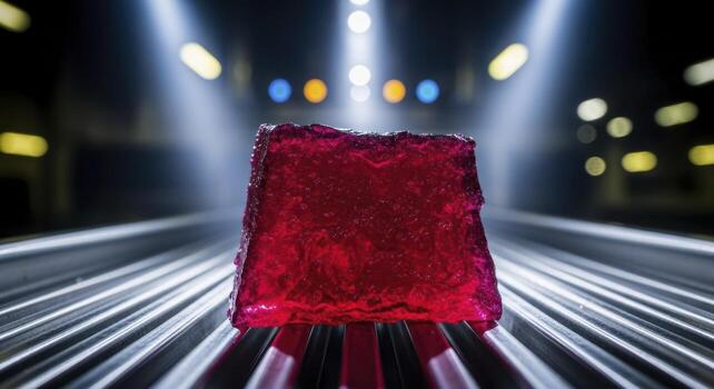 Vibrant ruby red textured block on industrial conveyor belt with bright lights photo