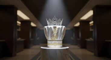 Majestic chef hat with sparkling royal crown on a pedestal in a grand hall photo