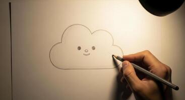 Hand drawing a minimalist cartoon cloud with a friendly face on white paper photo