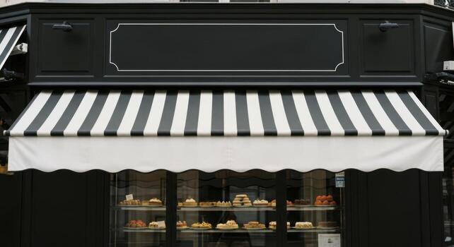 Elegant cafe facade with a striped awning and a window displaying delicious pastries photo