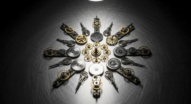 Top down view of vintage watch gears and springs arranged in a radial star pattern on a dark metal surface photo