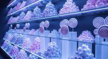 Whimsical artistic photorealistic cinematic display of abstract shimmering hard candy and lollipops on illuminated shelves photo