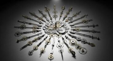 Vintage watch gears and mechanical parts arranged in a radial star pattern photo