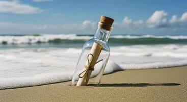 Message in a bottle washed ashore on a sunny sandy beach with ocean waves photo