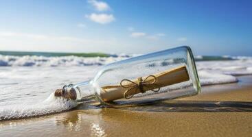 Message in a bottle washed ashore on a sunny sandy beach photo