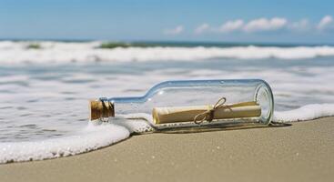 Message in a bottle with a parchment scroll washed ashore on a sunny beach. photo