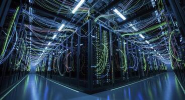 Futuristic data center with glowing network cables and server racks photo