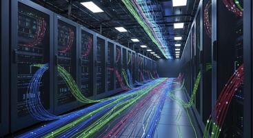 Futuristic data center hallway with colorful glowing fiber optic cables and server racks photo