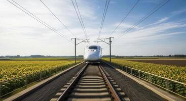 High speed bullet train speeding on tracks through a vibrant sunflower field under blue sky photo
