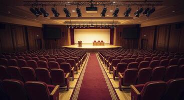 Empty grand lecture hall with red seats and stage ready for a conference or event photo