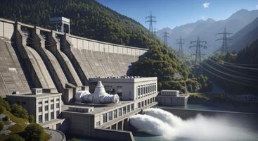 Massive hydroelectric power dam in lush green valley with transmission towers photo