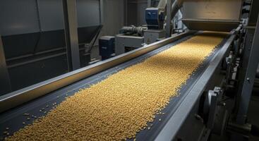 Golden grain kernels moving on a conveyor belt in a modern agricultural processing plant photo