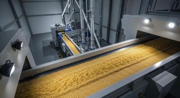 Industrial conveyor belt moving yellow grains in a modern processing plant photo