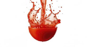 Dynamic red tomato juice splash from a sliced half tomato on white photo