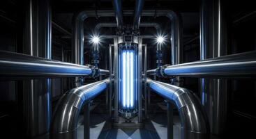 Industrial stainless steel pipelines converging with bright blue light source photo