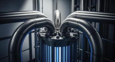 Polished stainless steel pipes converging into a glowing industrial unit photo