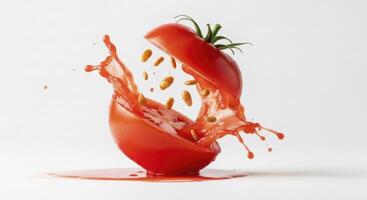 Dynamic splash of fresh red tomato juice and seeds bursting from a sliced ripe tomato photo