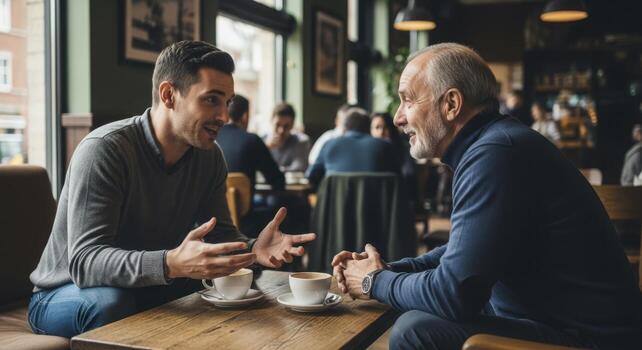 Two men of different generations having a lively conversation in a cozy cafe over coffee cups photo