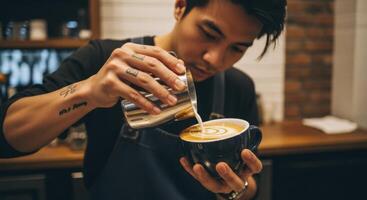 Barista expertly pouring steamed milk for latte art in a dark ceramic coffee cup photo