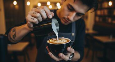 Skilled barista expertly crafts latte art in a dark ceramic mug, pouring steamed milk into fresh coffee photo
