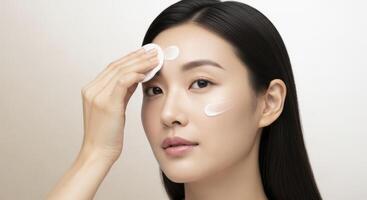 Close up studio portrait of a young asian woman with luminous skin applying white cream to her forehead with a cotton pad photo