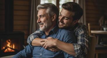 Happy father and adult son embracing in a cozy home with a warm fireplace photo