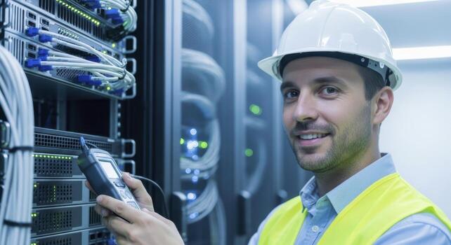 Smiling male engineer in hard hat and safety vest operating diagnostic tool in data center photo