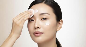 Close up studio portrait of young asian woman applying cream with cotton pad on forehead photo