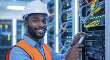 Smiling african american engineer performing network maintenance in data center photo
