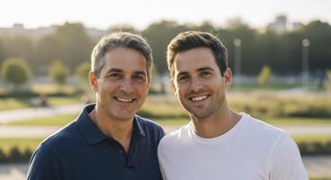 Smiling father and adult son standing shoulder to shoulder outdoors in a park photo