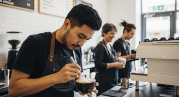 Professional male barista expertly crafting intricate latte art in a modern coffee shop photo