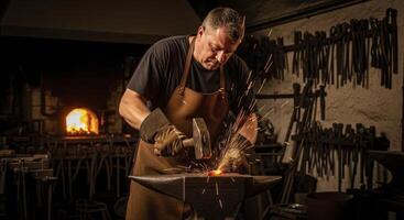 European blacksmith hammering glowing hot steel on an anvil with sparks flying in a traditional forge photo