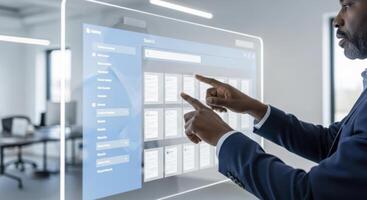 African american businessman interacting with transparent digital screen photo
