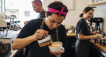 Professional barista expertly crafting latte art in a modern coffee shop with colleagues working in background photo