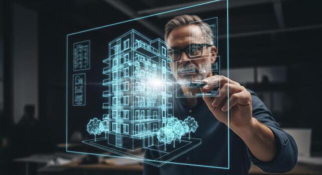 Male architect designing modern building blueprint on futuristic digital screen photo