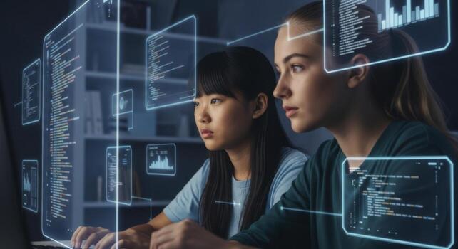 joven hembra programadores analizando código en un futurista transparente interfaz foto