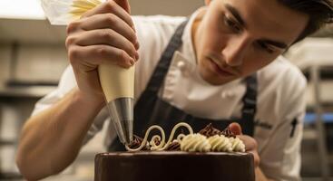 Young chef skillfully piping frosting details onto gourmet chocolate cake photo
