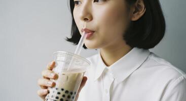 Young asian woman sipping refreshing iced bubble tea with tapioca pearls photo