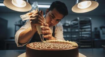 Skilled male pastry chef decorating gourmet chocolate cake with intricate frosting details photo