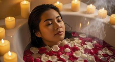 Serene asian woman relaxing in a steaming bathtub with rose petals and candles photo