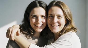 Close up portrait of two happy adult sisters embracing and smiling warmly. photo