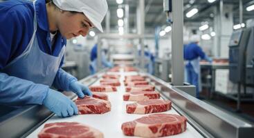 Female worker inspecting fresh beef steaks on conveyor belt in meat processing plant photo