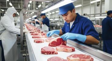 Man inspecting fresh beef steaks on production line in modern meat processing plant photo