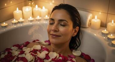 Serene woman enjoying a luxurious rose petal bath surrounded by flickering candles photo