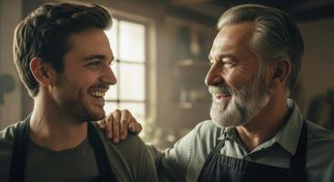 Joyful portrait of a young man and a wise older man sharing a happy moment photo