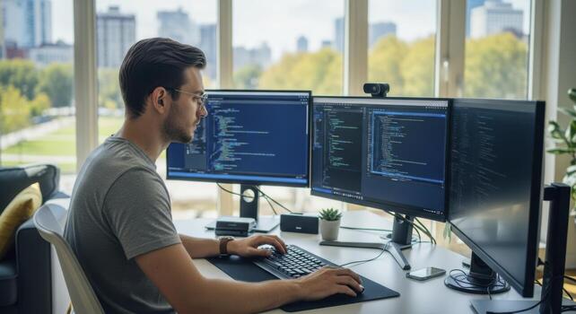 enfocado joven hombre codificación en múltiple computadora monitores en un brillante hogar oficina foto