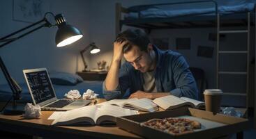 A stressed male student studying late at night in a dimly lit dorm room with books and laptop photo
