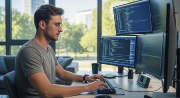 Focused young man programming on multiple computer monitors in a modern home office setting photo