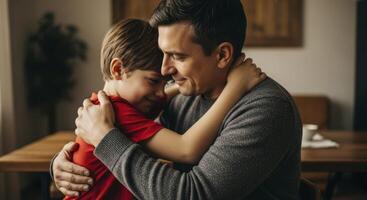 Loving father and son share a warm embrace, showing strong family bond and connection photo