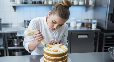 Skilled woman pastry chef decorating a delicious multi layered cake with cream in a commercial kitchen photo